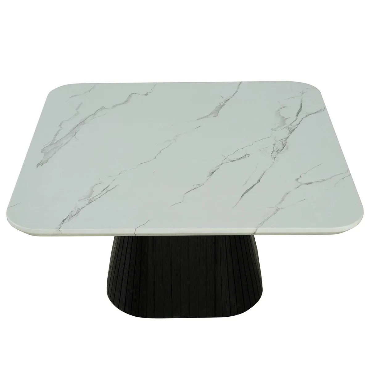 Contemporary Style Square Coffee Table Faux Marble Top Reeded Drum Base Black — view 2