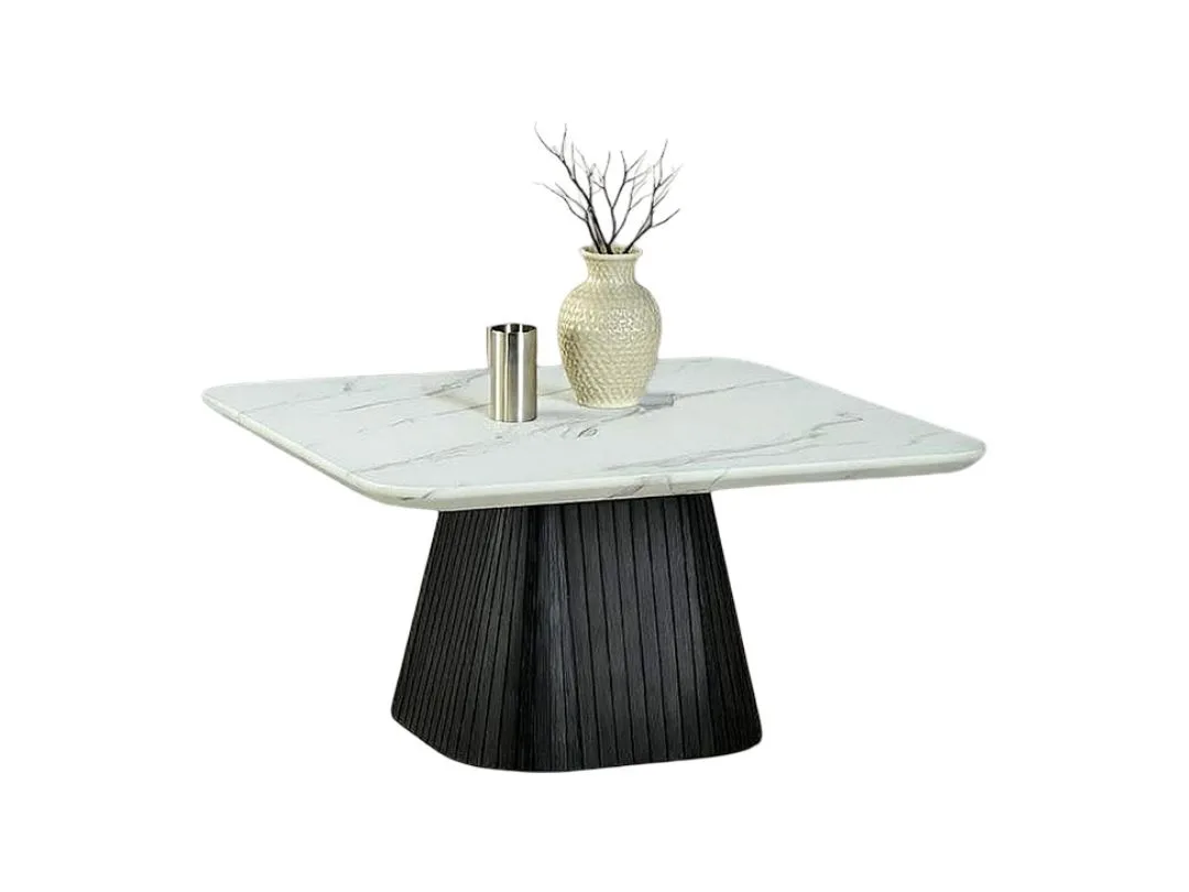 Contemporary Style Square Coffee Table Faux Marble Top Reeded Drum Base Black — view 4