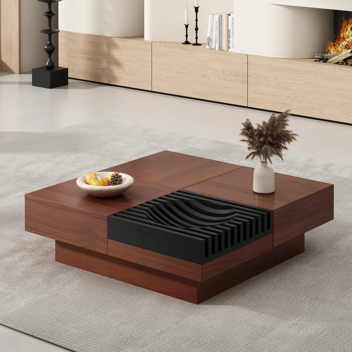 Italian Retro - Inspired Acacia Wood Storage Coffee Table,Brown & Black Color — view 3