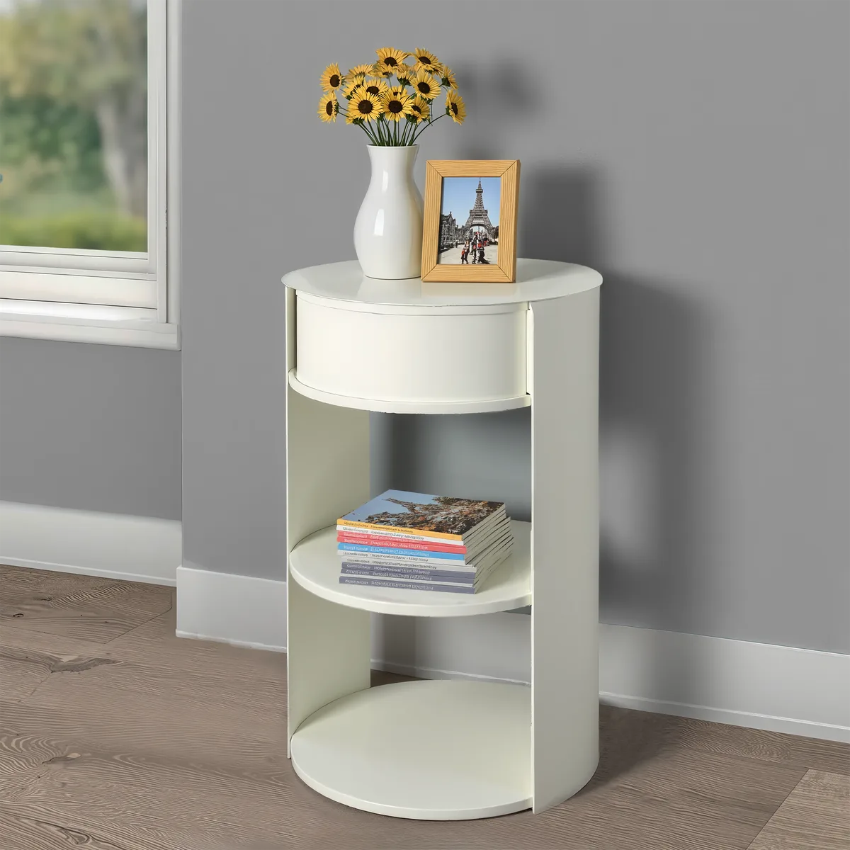 Indoor 3 - Tier Metal Round Side Table with Sliding Door Cabinet, Matte White — view 2