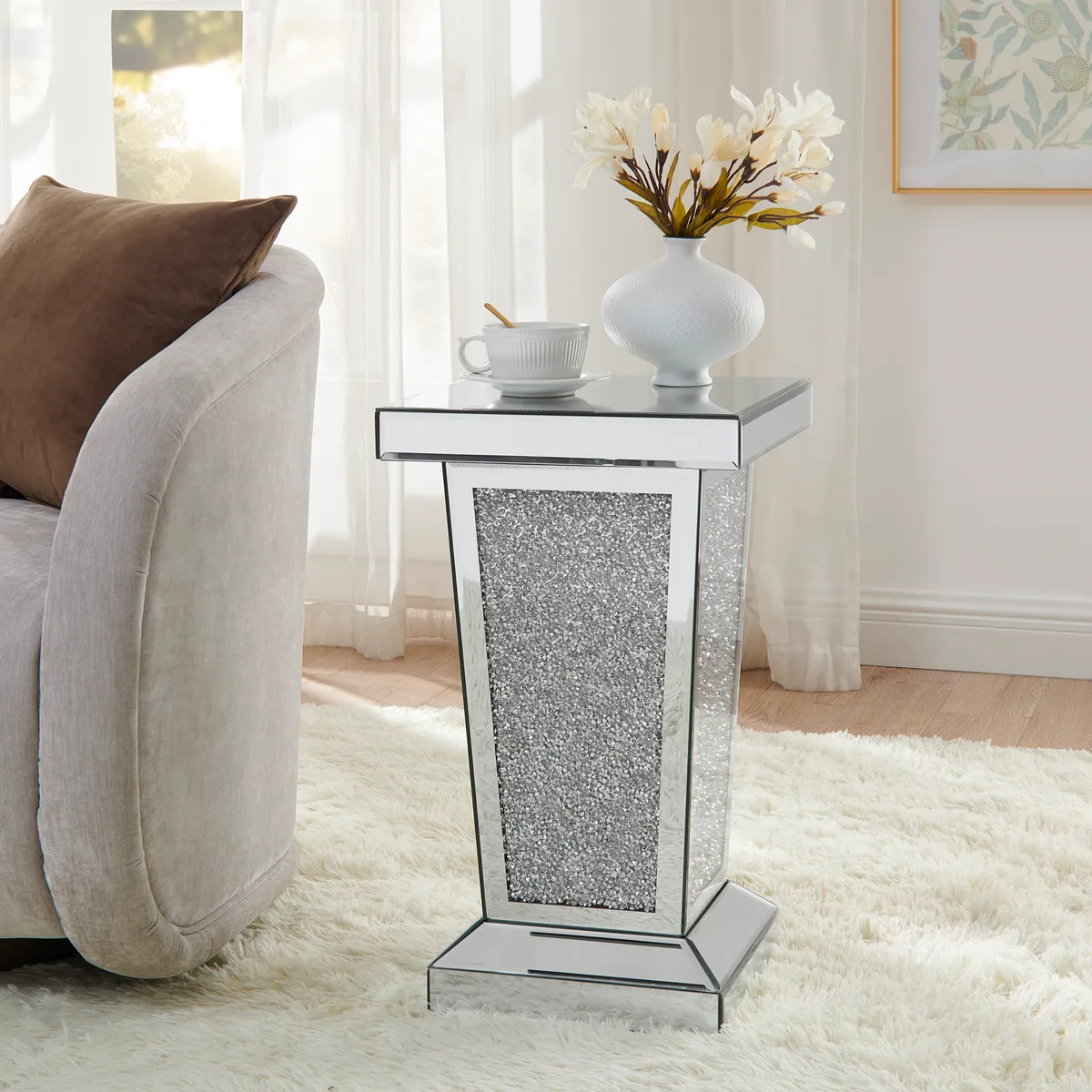 Silver Mirrored End Table with Crystal Inlay — view 1