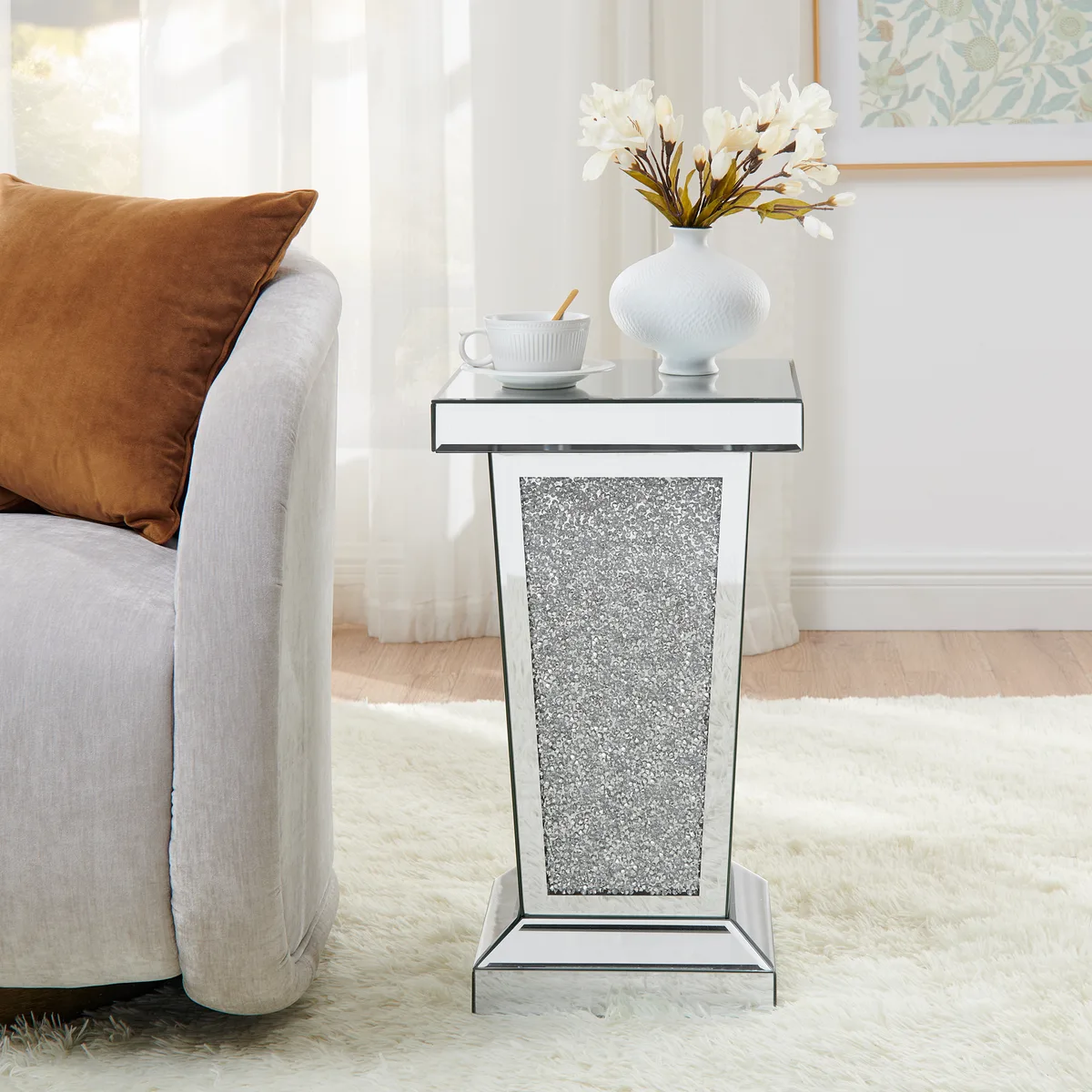 Silver Mirrored End Table with Crystal Inlay — view 3