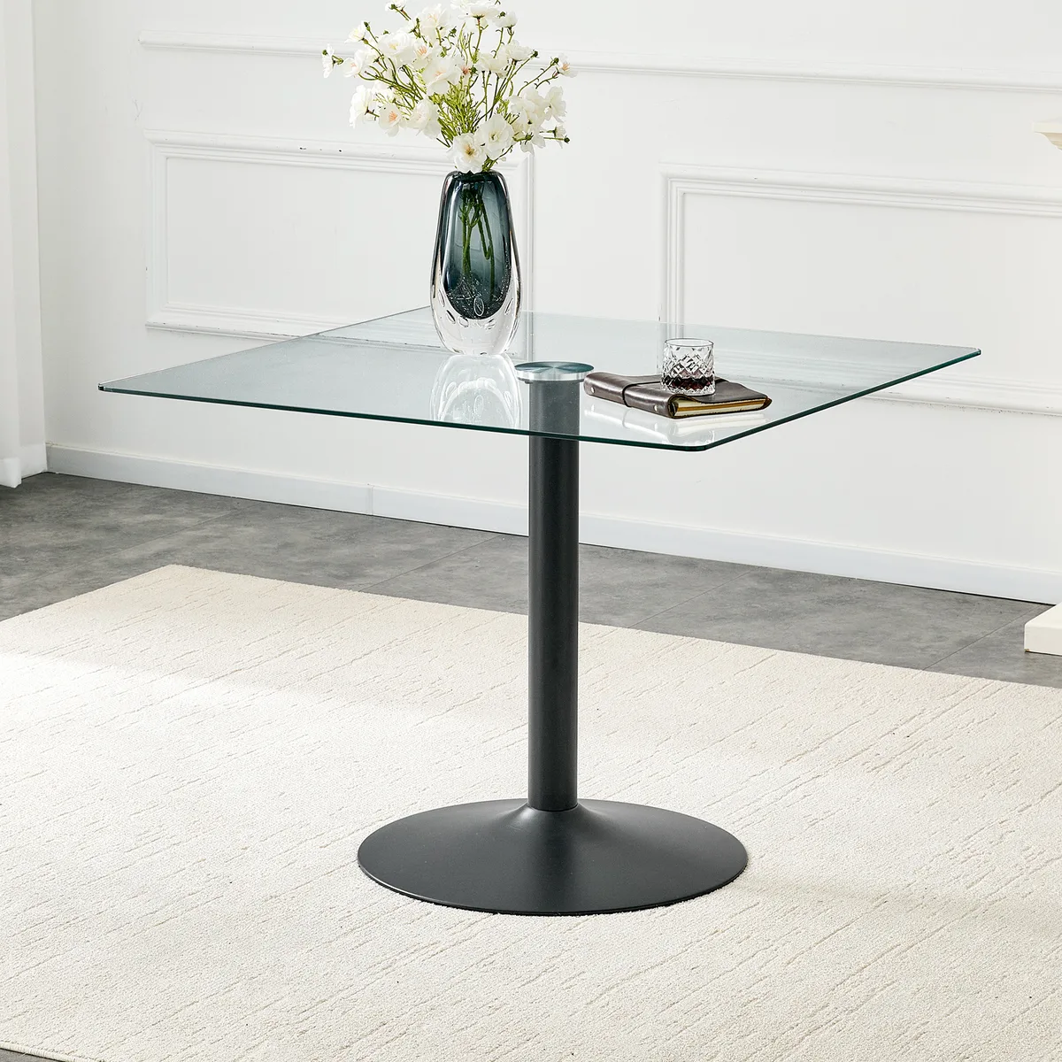 38.5 Inch Square Glass Dining Table with Black Metal Pedestal Base — view 1
