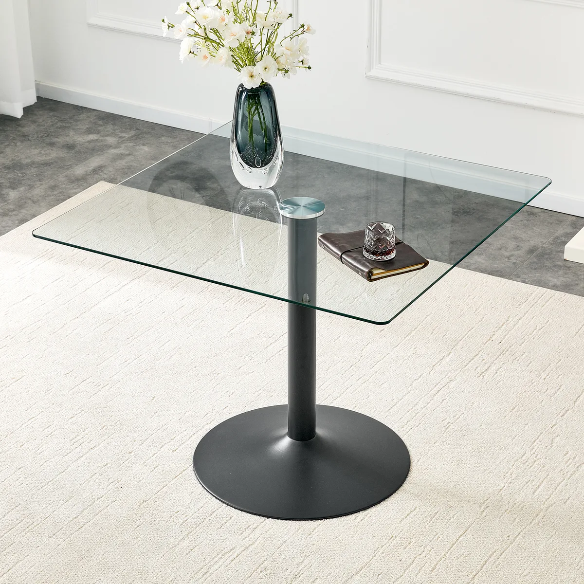 38.5 Inch Square Glass Dining Table with Black Metal Pedestal Base — view 2
