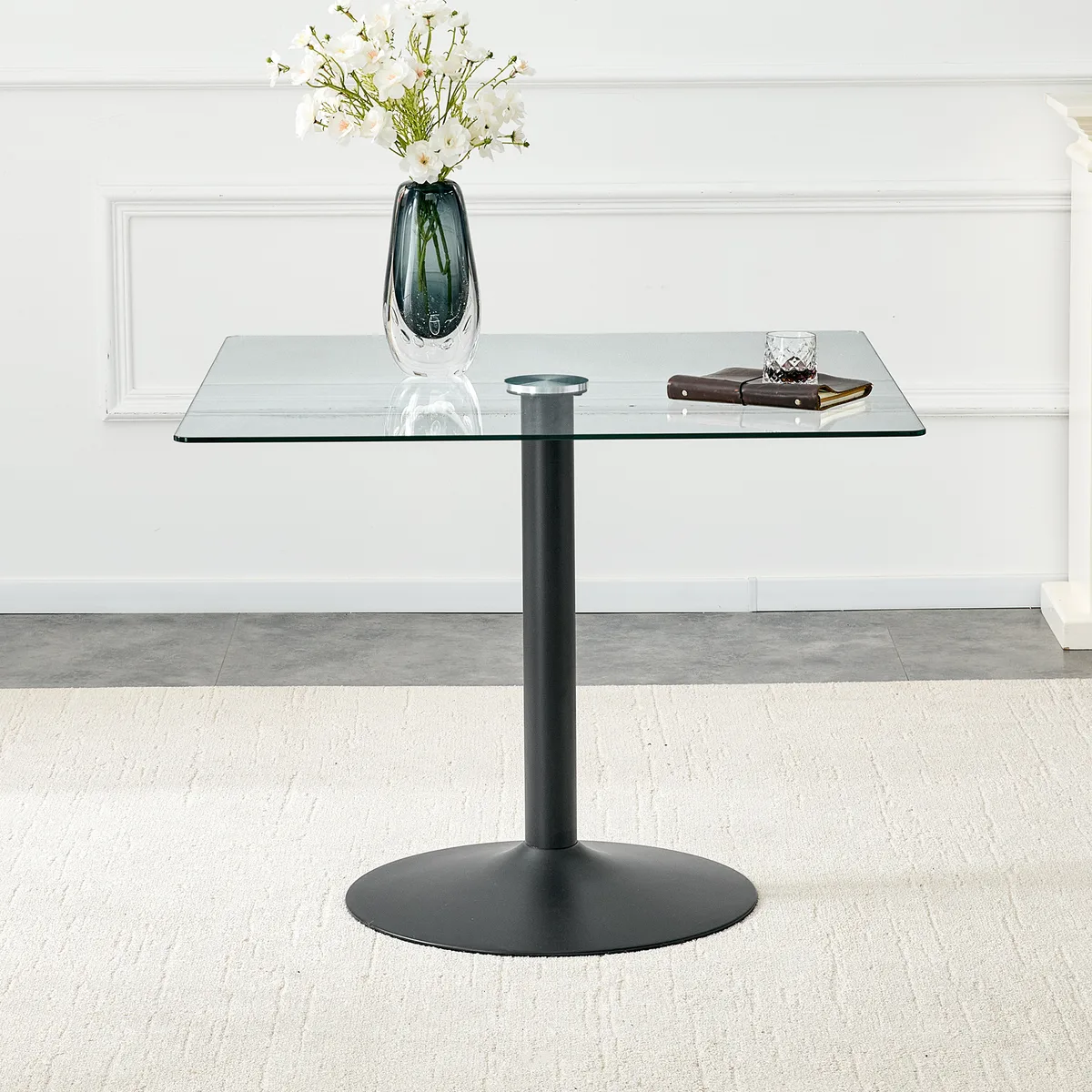 38.5 Inch Square Glass Dining Table with Black Metal Pedestal Base — view 3