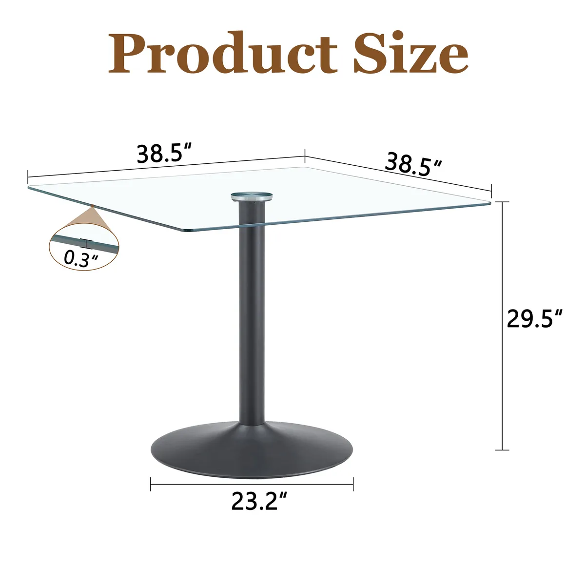 38.5 Inch Square Glass Dining Table with Black Metal Pedestal Base — view 4