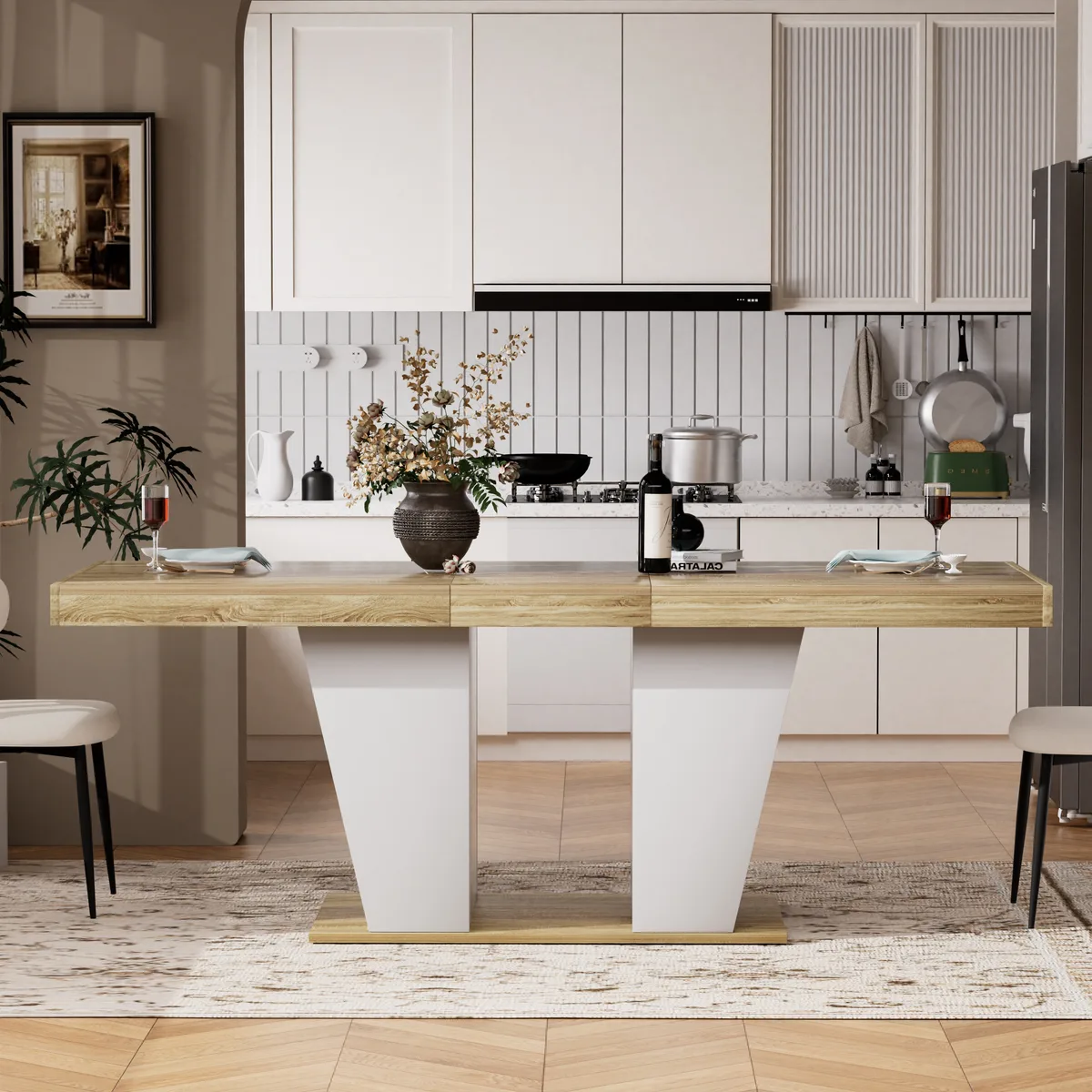 Extendable Dining Table with Storage, Natural Wood, Seats 8, Rectangular — view 2