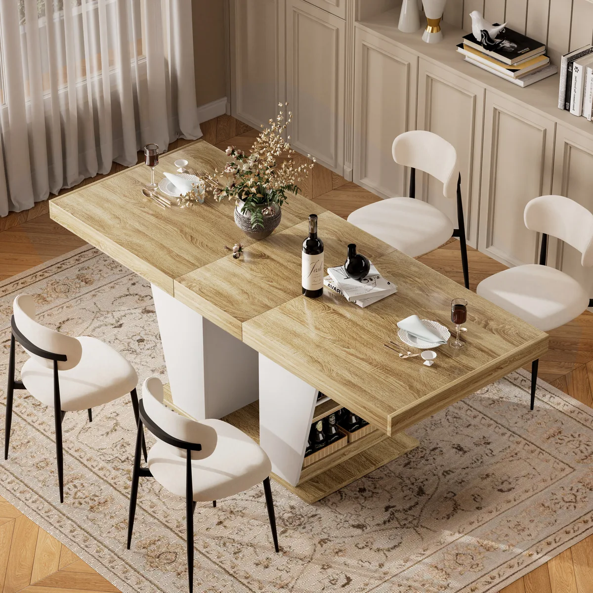 Extendable Dining Table with Storage, Natural Wood, Seats 8, Rectangular — view 4