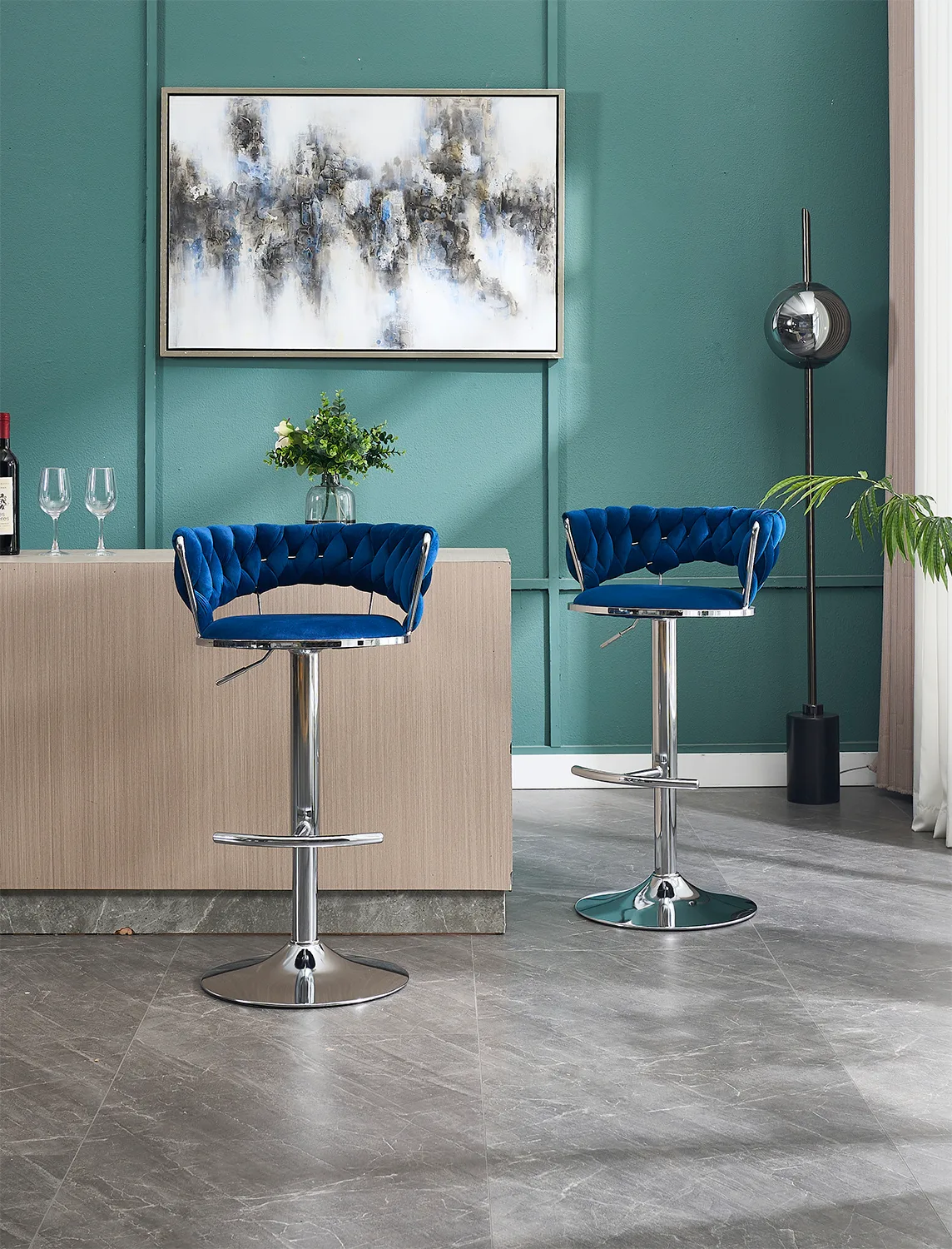 Set of 2 Bar Stools,with Chrome Footrest and Base Swivel Height Adjustable — view 1