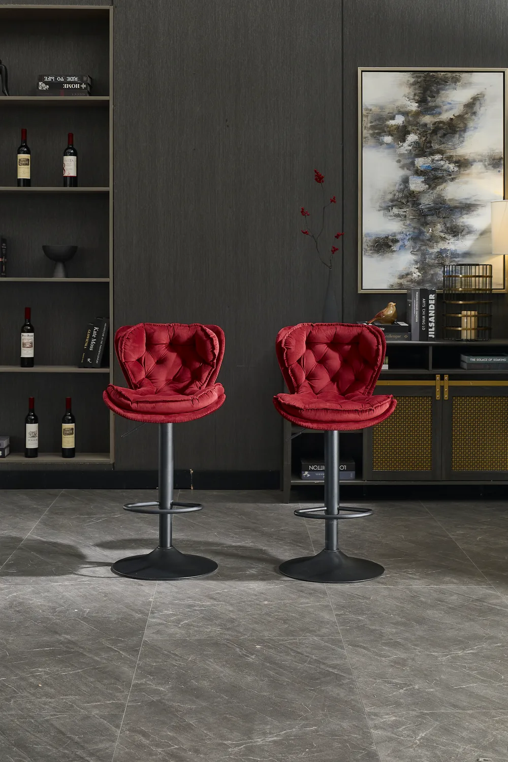 Set of 2 Bar Stools with Powder Footrest and Base Swivel Height Adjustable — view 3