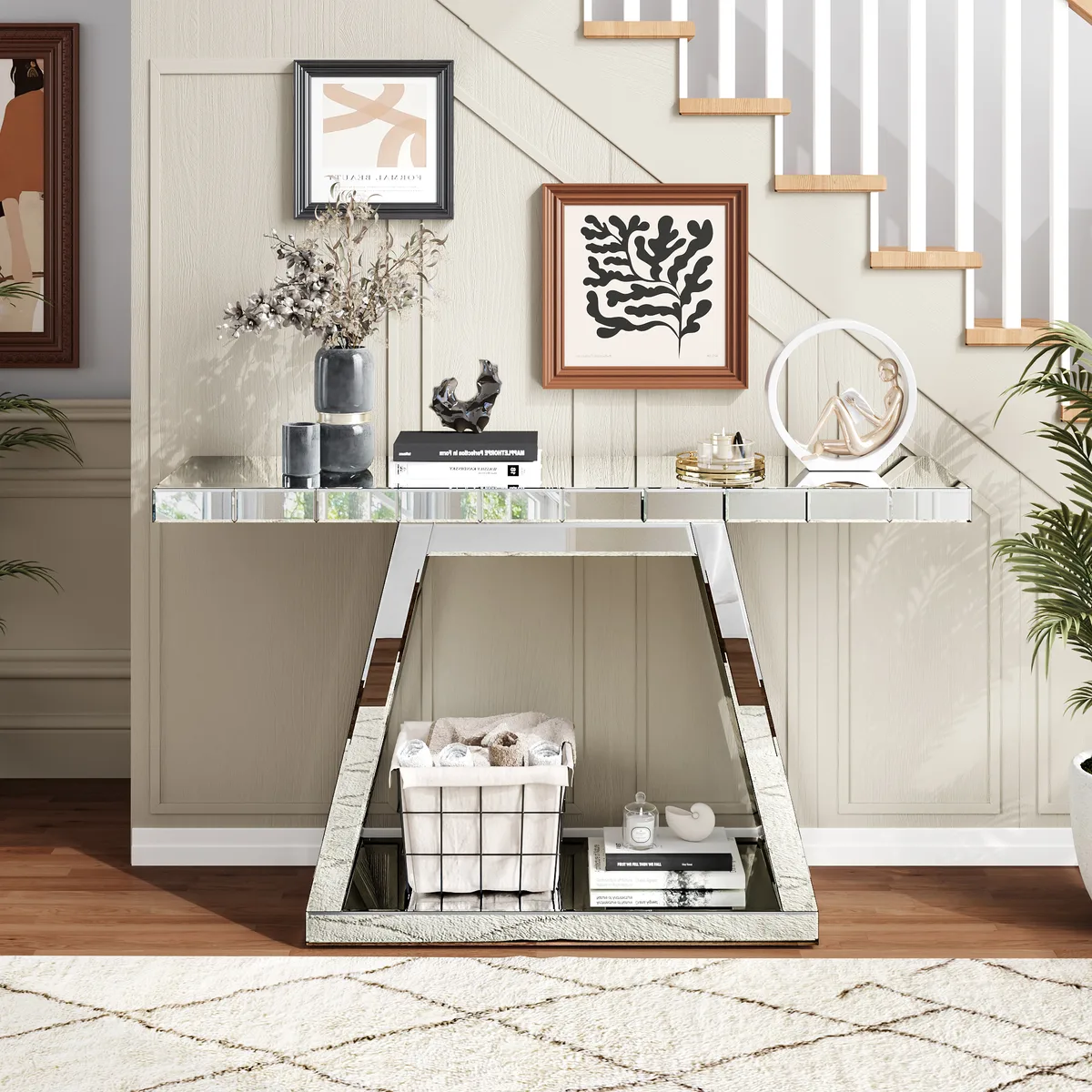 55.9" Modern Luxe Full - Body Mirror Entryway Table with Trapezoid Base – 360° — view 1