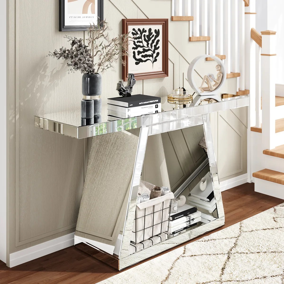 55.9" Modern Luxe Full - Body Mirror Entryway Table with Trapezoid Base – 360° — view 3