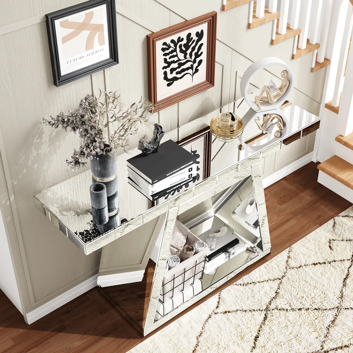 55.9" Modern Luxe Full - Body Mirror Entryway Table with Trapezoid Base – 360° — view 4