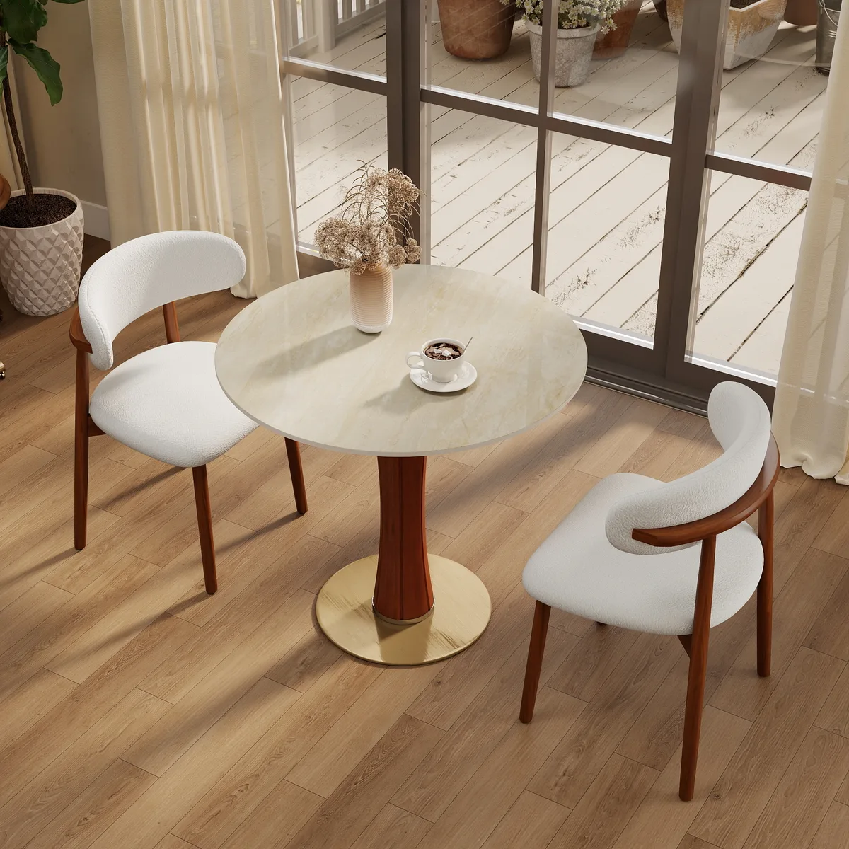 Round Sintered Stone Dining Table with Matte White Wood Pedestal Base — view 1
