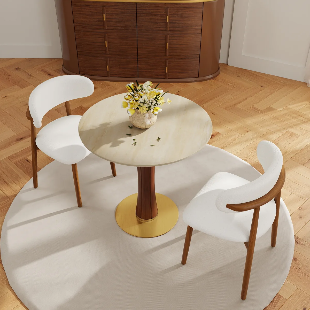Round Sintered Stone Dining Table with Matte White Wood Pedestal Base — view 3