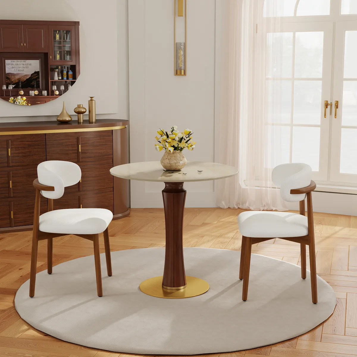 Round Sintered Stone Dining Table with Matte White Wood Pedestal Base — view 4