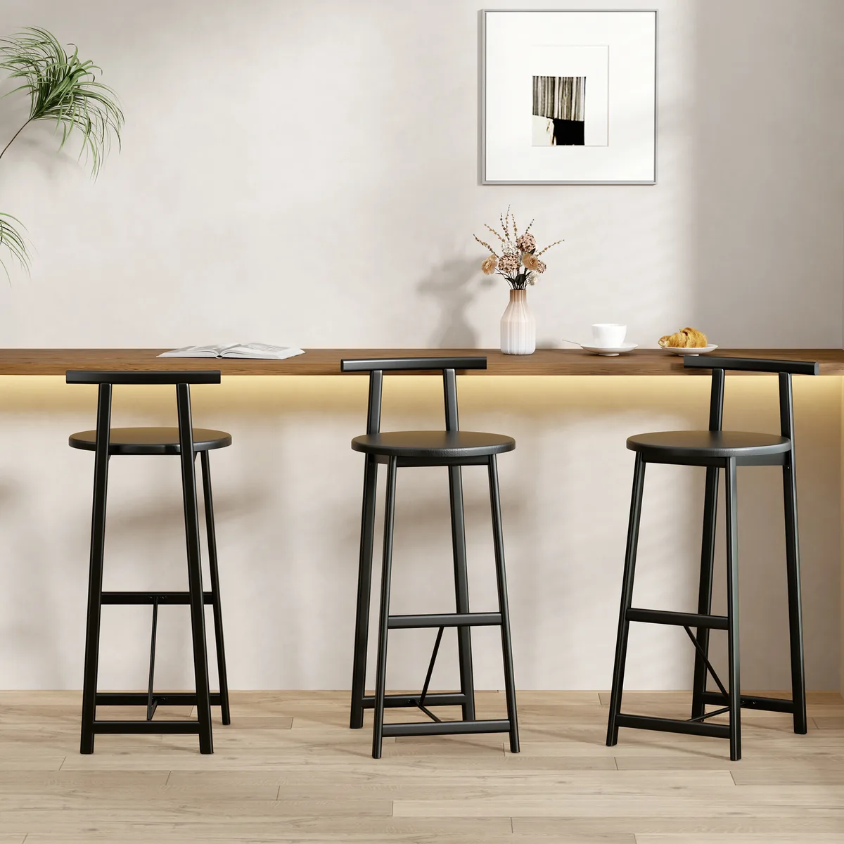 27''H Barstool Set of 3 Wooden Round Bar Stools with Footrest Modern Kitchen — view 1