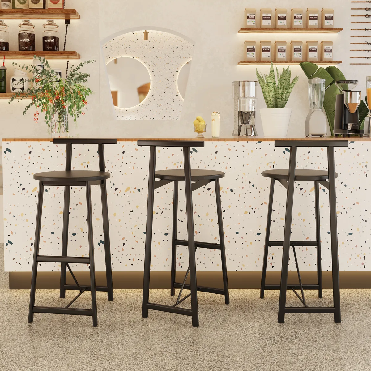 27''H Barstool Set of 3 Wooden Round Bar Stools with Footrest Modern Kitchen — view 2