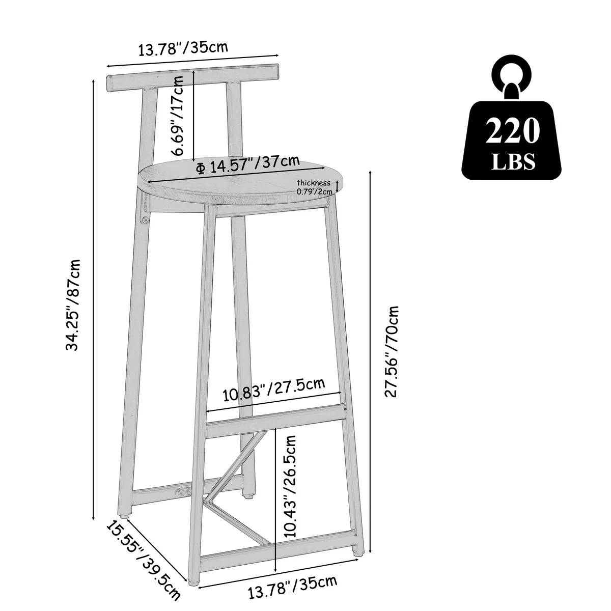 27''H Barstool Set of 3 Wooden Round Bar Stools with Footrest Modern Kitchen — view 3