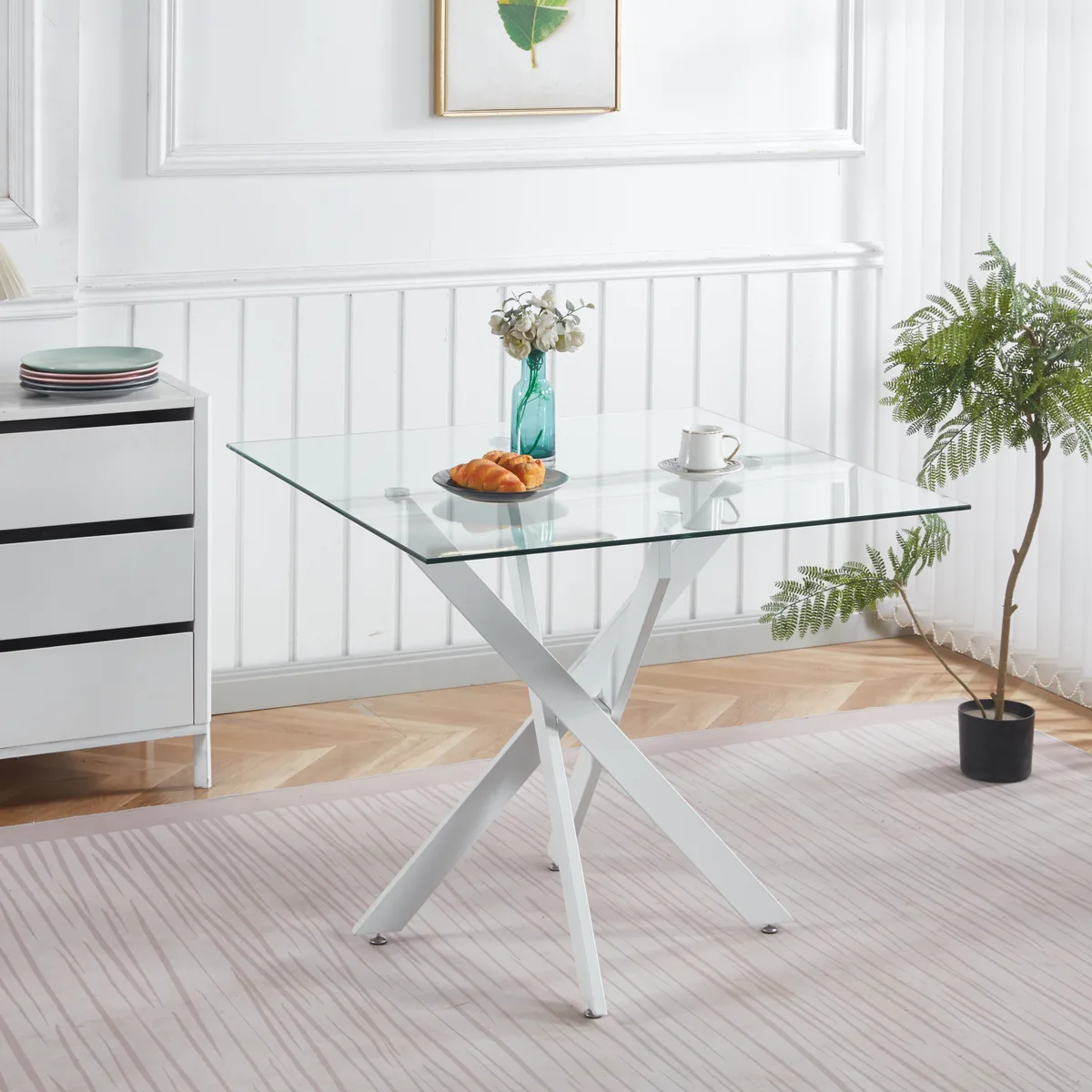 Dining Table with Cross Metal Leg and Tempered Glass — view 1