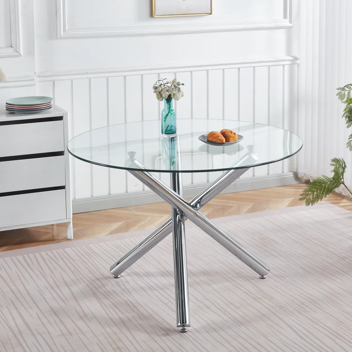 Chrome Dining Table with Metal Leg and Glass — view 1