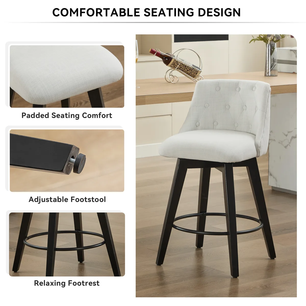 007 - 25" Swivel Bar Stools Set of 2 - Modern Counter Height Stools with Linen — view 3