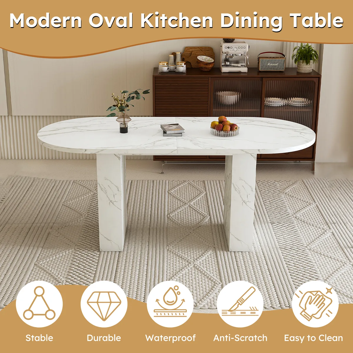 Modern White Oval Dining Table 63 Inch Pedestal Base Seats 4 — view 3