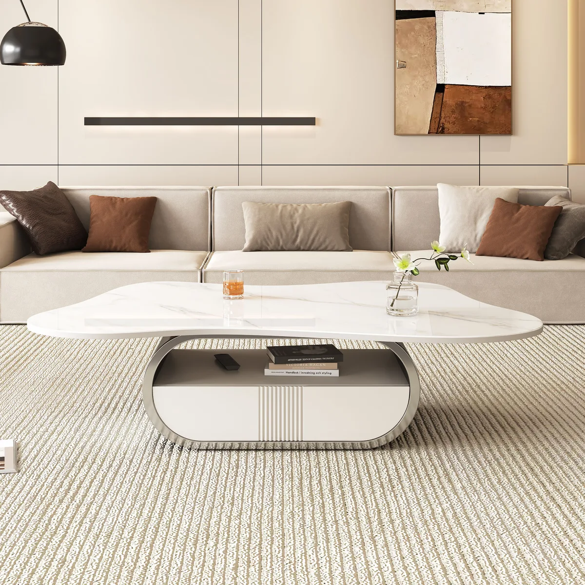 Modern Butterfly Coffee Table with Sintered Stone Top – Oval Center Table with — view 2