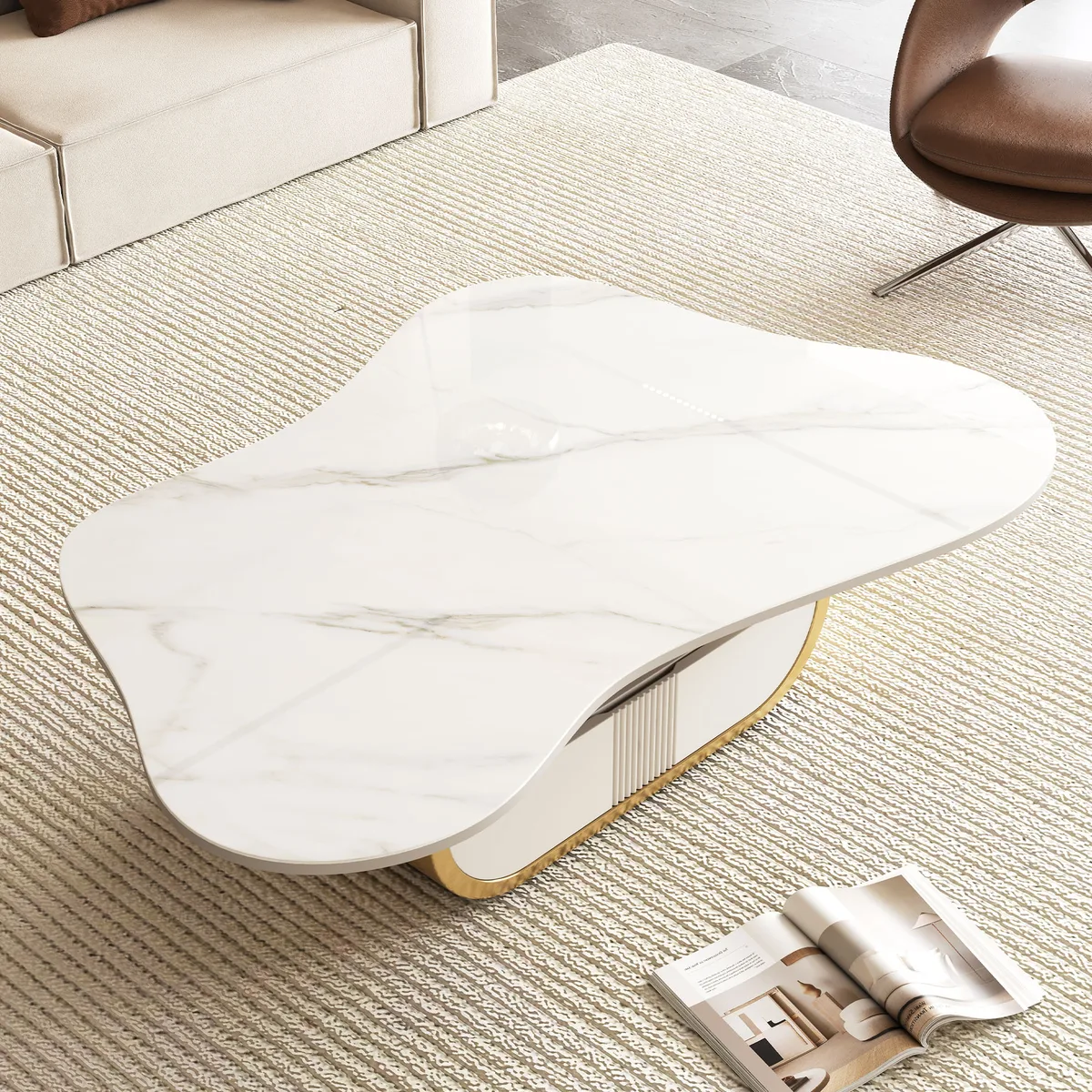 Modern Butterfly Coffee Table with Sintered Stone Top – Oval Center Table with — view 3