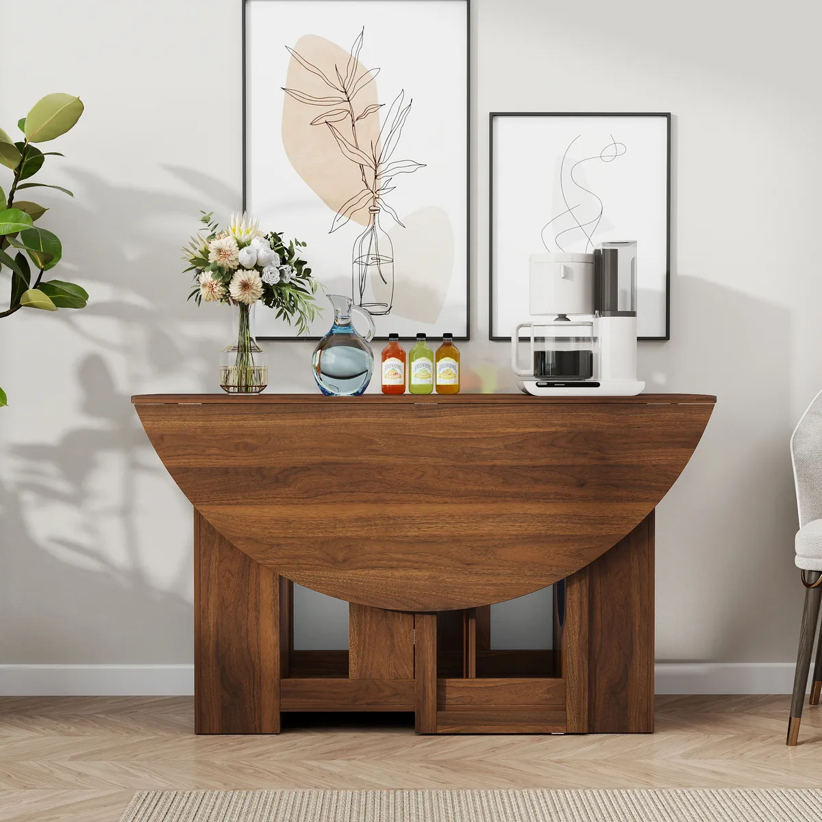 Walnut Round Drop Leaf Folding Dining Table, 55 Inch Pedestal — view 3