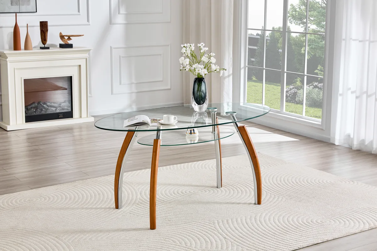 Mid - Century Modern Oval Glass Dining Table with Oak Wood Legs, Seats 6 — view 1