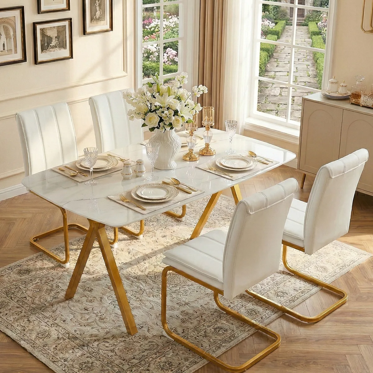 51 Inch Rectangular Glass Dining Table with Gold V - Shaped Legs — view 1