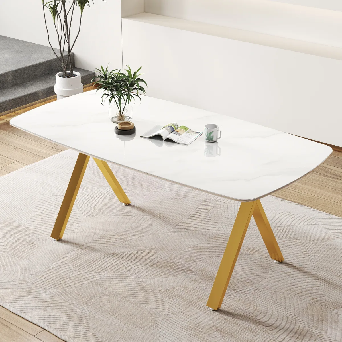 51 Inch Rectangular Glass Dining Table with Gold V - Shaped Legs — view 3