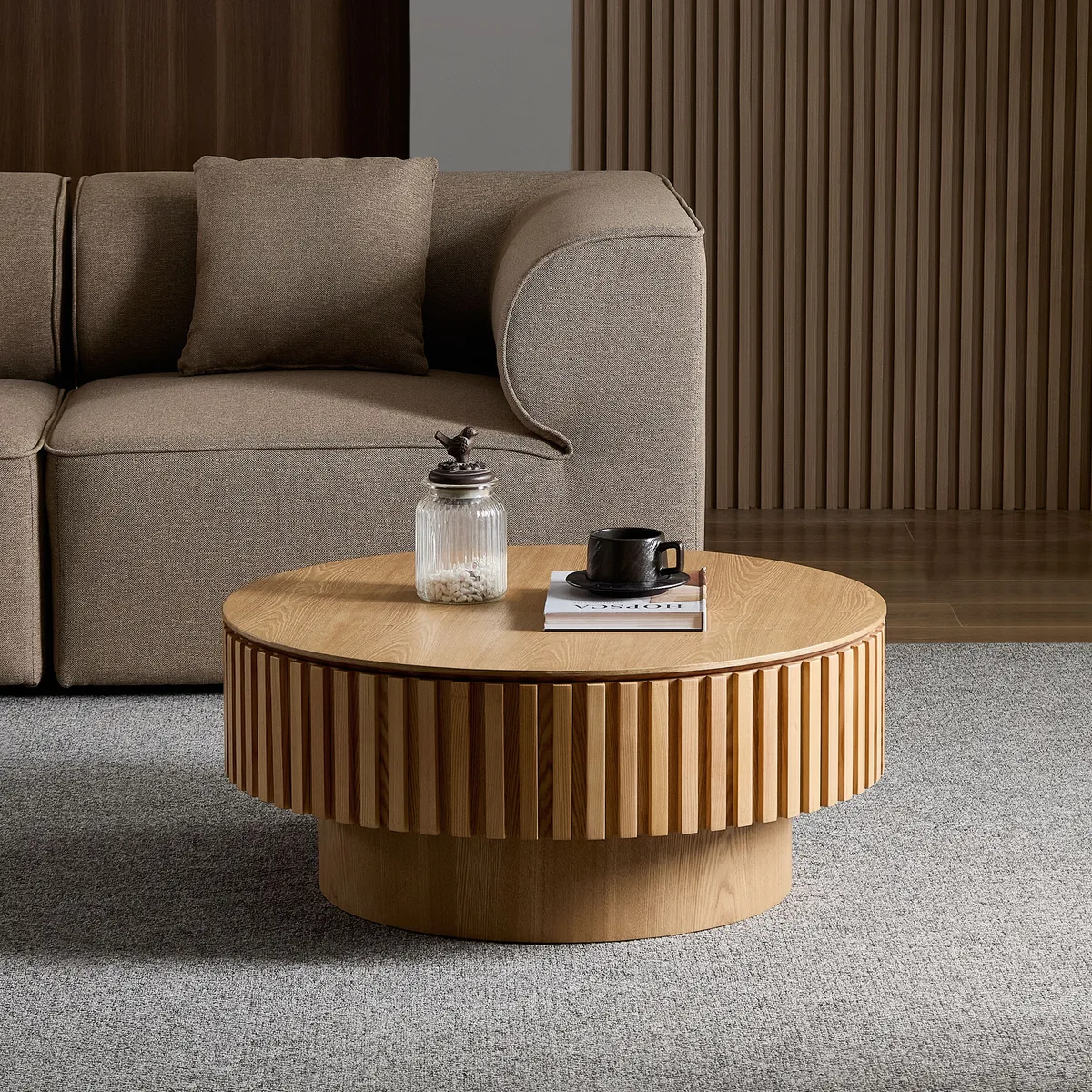 31.49'' Round Wood Coffee Table with Storage for Living Room — view 3