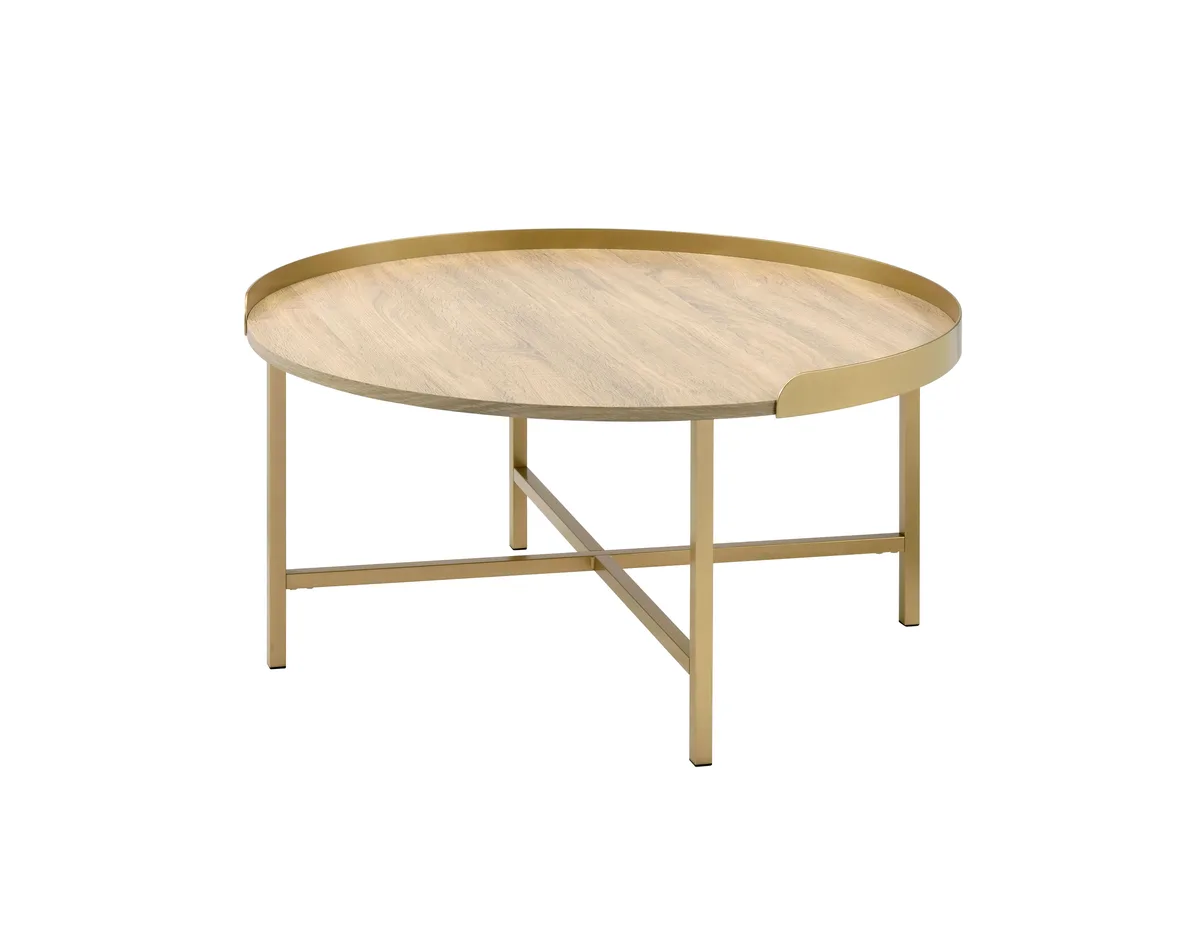 Acme Mithea Coffee Table, Oak Table Top & Gold Finish 82335 — view 1