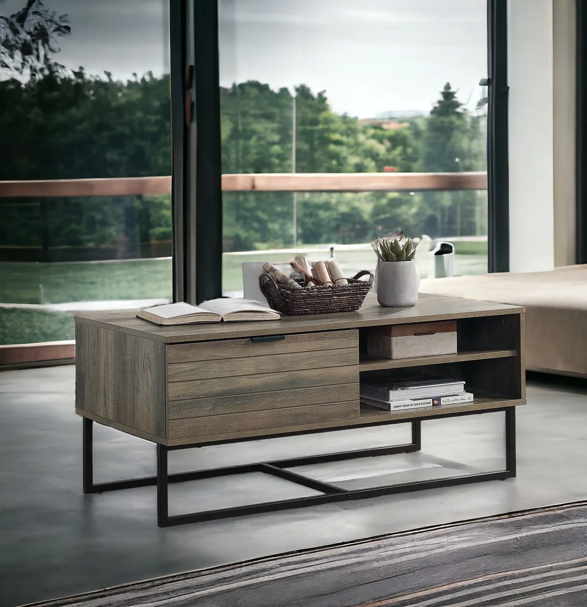 Homare Coffee Table, Rustic Oak & Black Finish — view 1