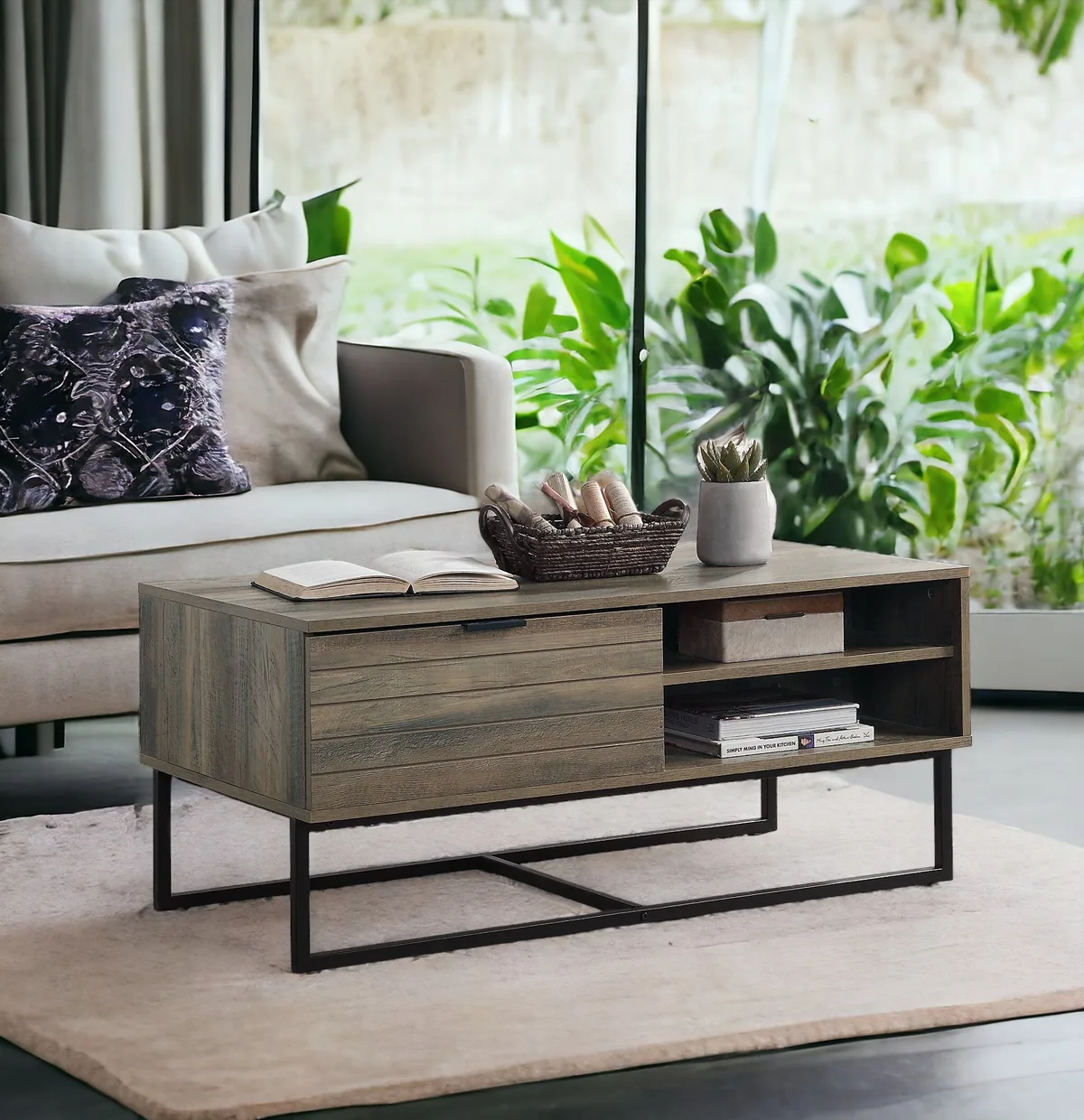Homare Coffee Table, Rustic Oak & Black Finish — view 2