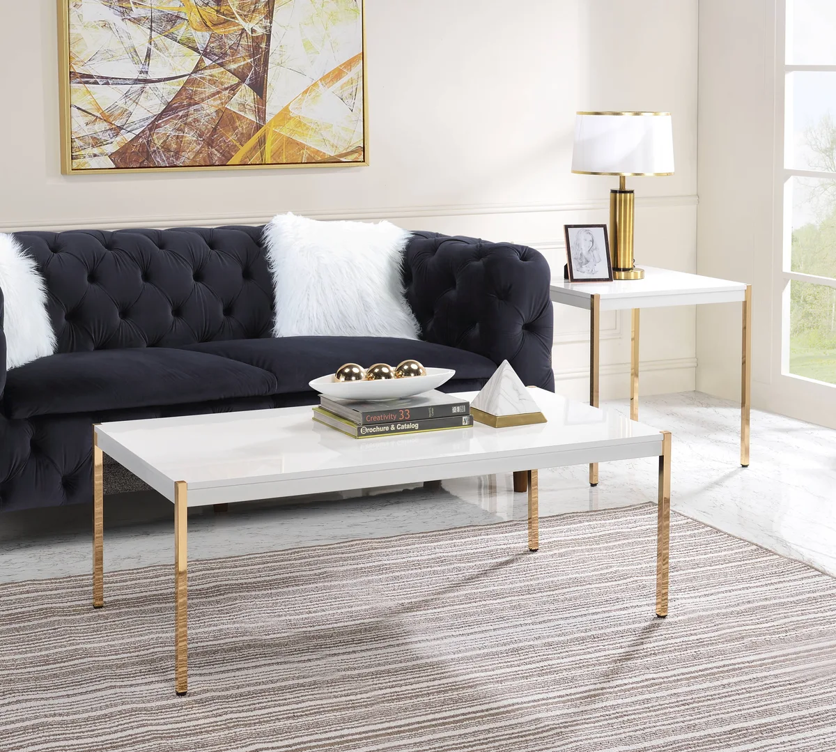 Otrac White & Gold Finish Coffee Table with Metal Tube Legs — view 1