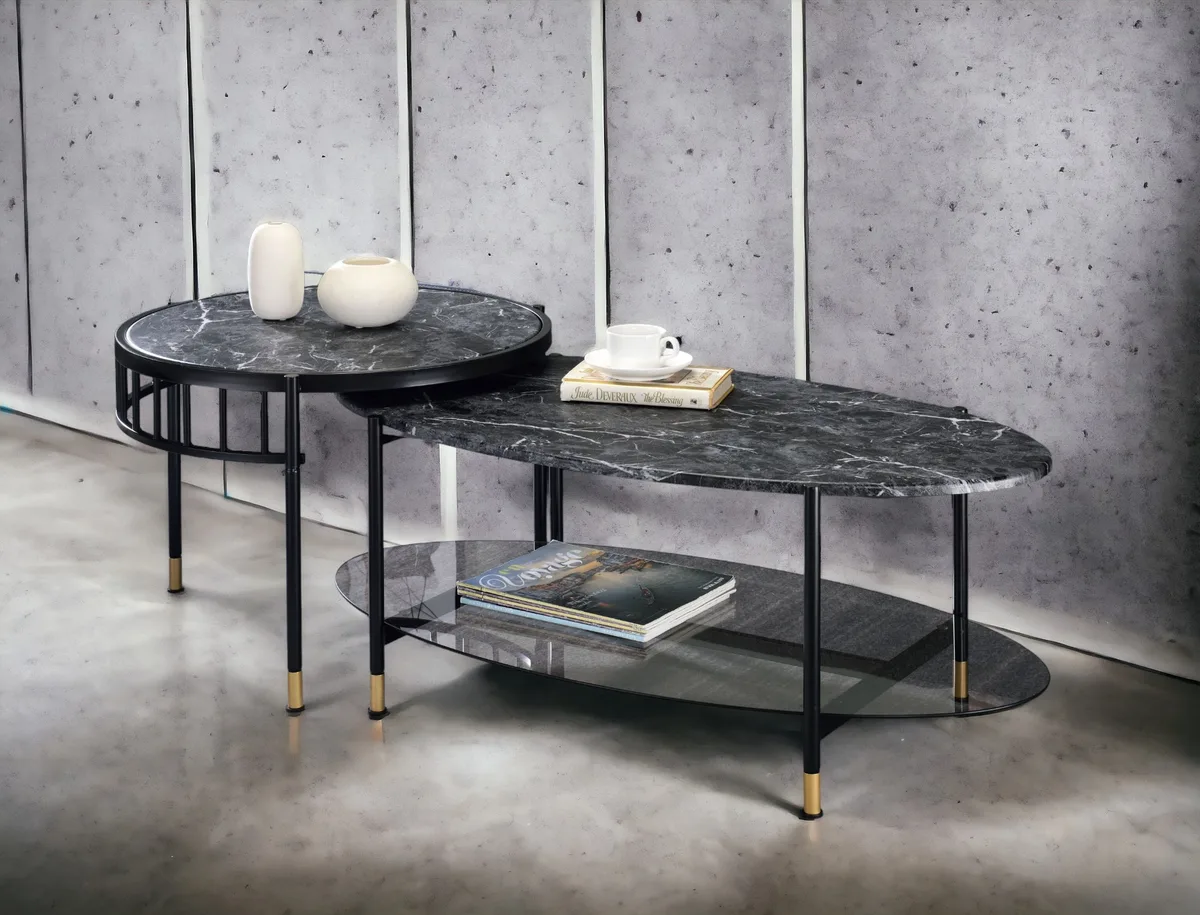 Silas Nesting Coffee Table, Faux Marble Top & Black Finish — view 2