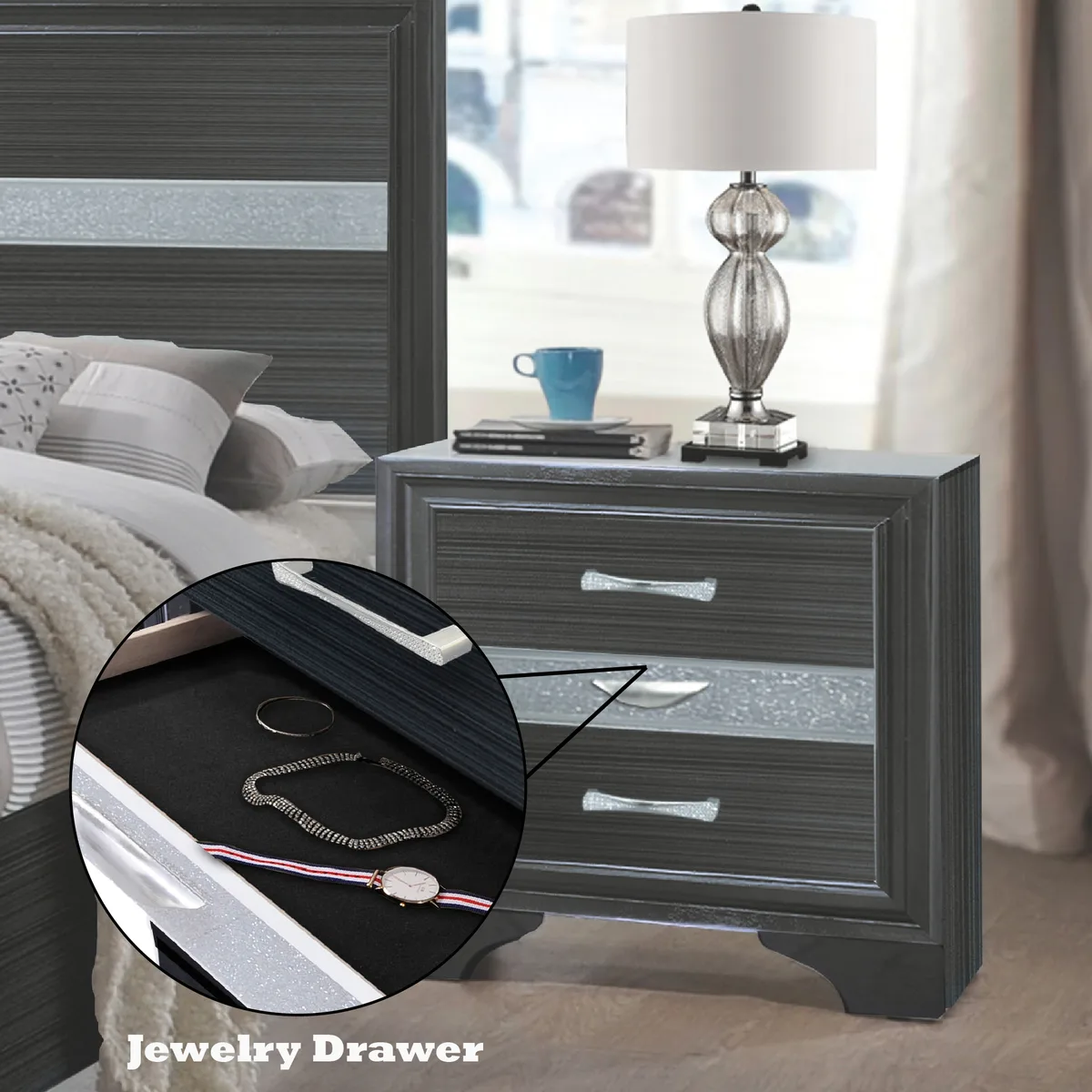 Naima Black Finish Nightstand with 3 Drawers — view 4
