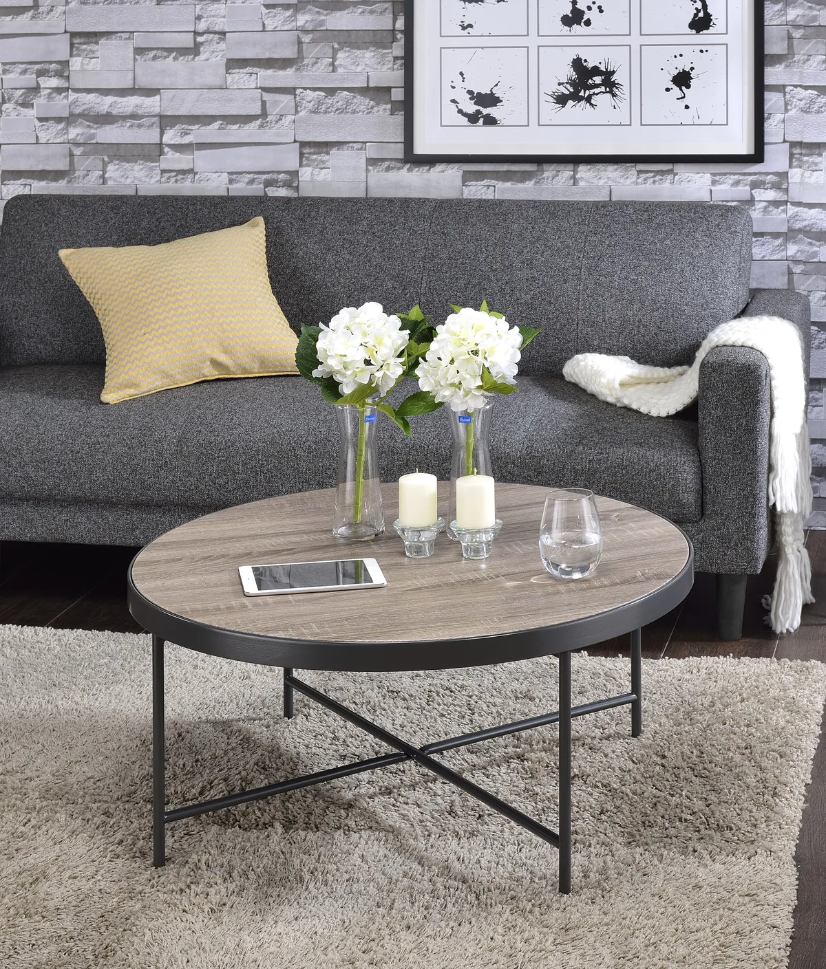Acme Bage Coffee Table in Weathered Gray Oak & Metal 81735 — view 1