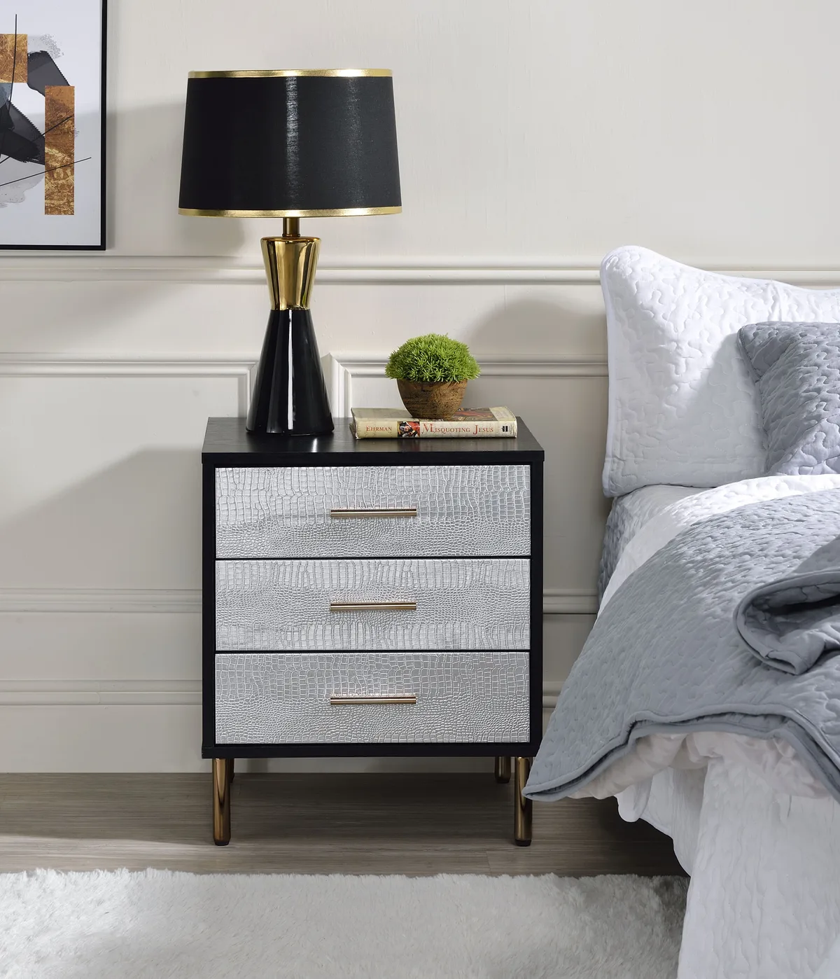 Myles Nightstand, Black, Silver & Gold Finish — view 1