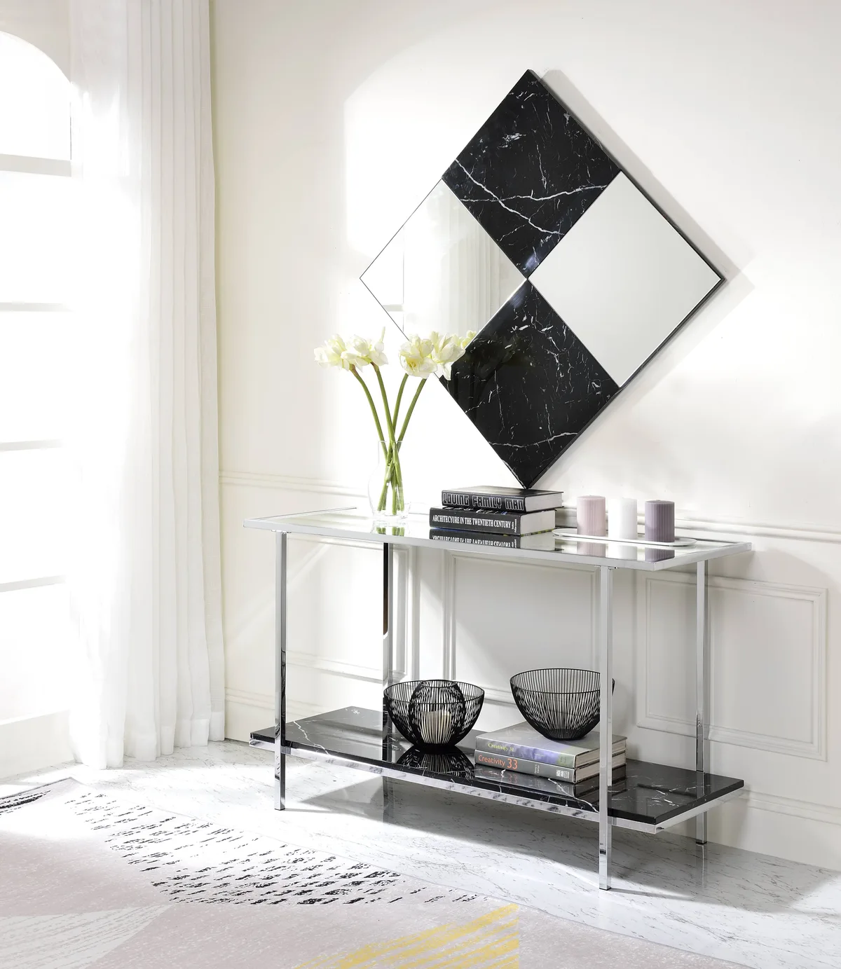 Angwin Console Table, Mirrored, Faux Marble & Chrome 90515 — view 1