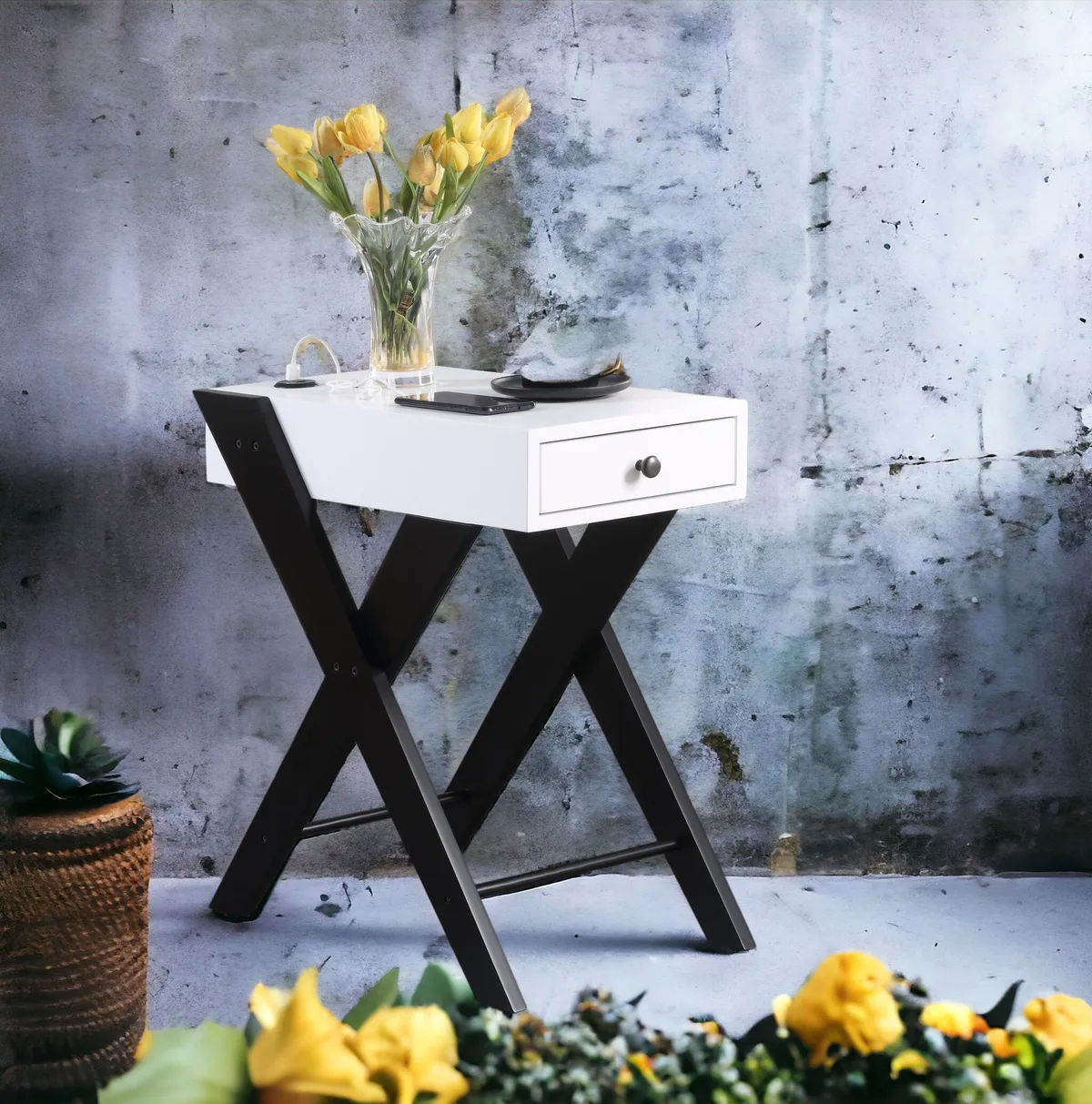 Acme Fierce Side Table (USB Charging Dock), White & Black 97738 — view 1