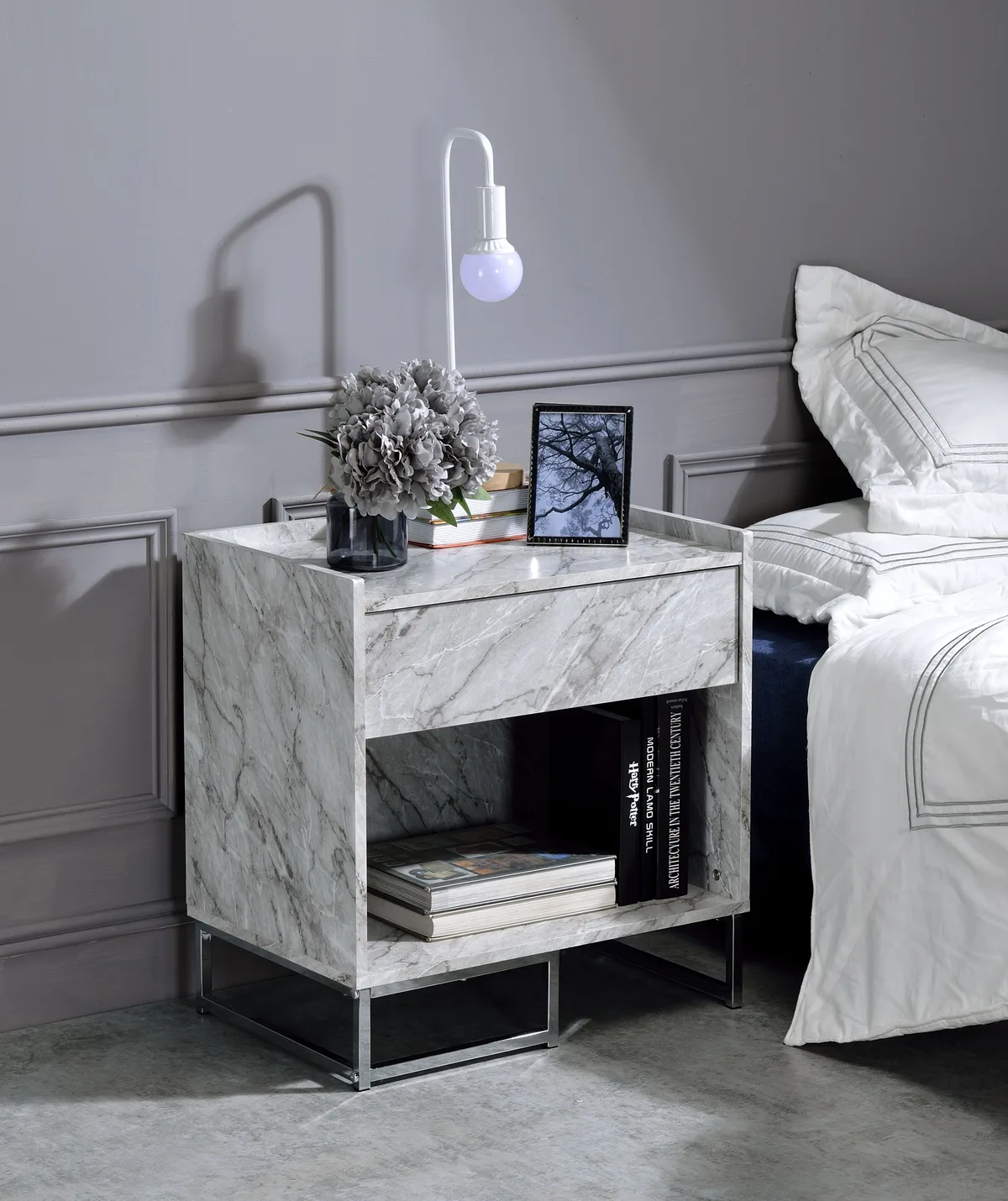 Acme Azrael Accent Table, White Printed Faux Marble & Chrome Finish 97865 — view 1