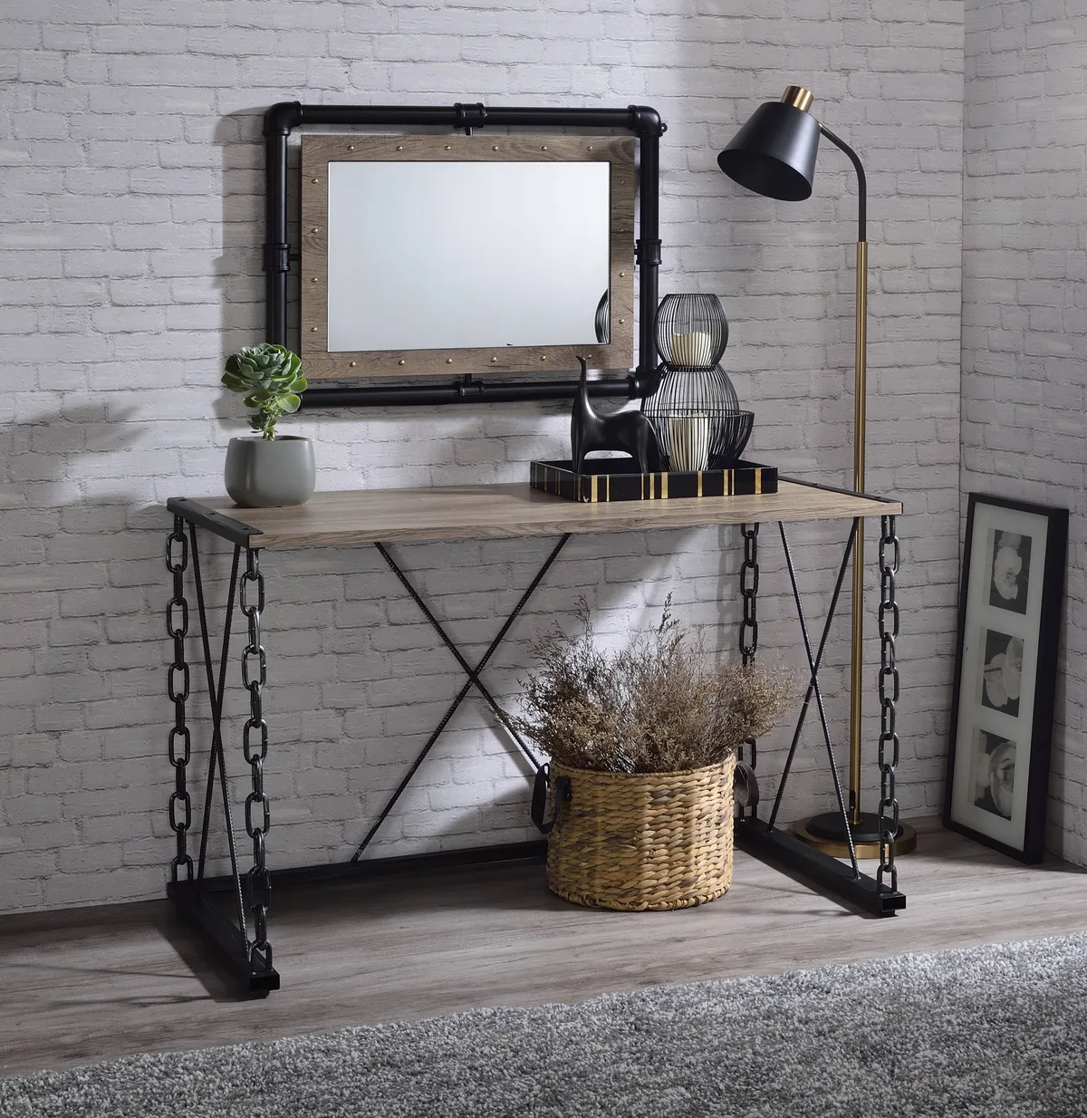 Jodie Console Table in Rustic Oak & Antique Black Finish — view 1