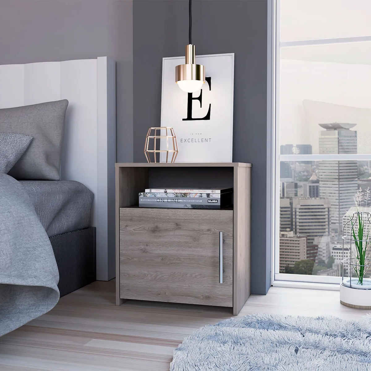 Metal Gray Nightstand Single Door Cabinet Handle One Shelf Superior Top — view 1