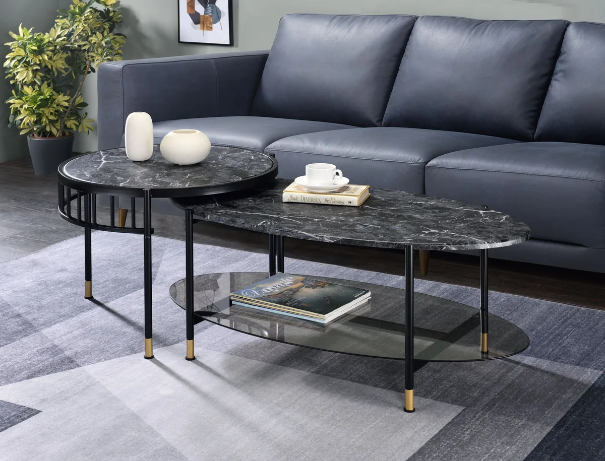 Acme Silas Black Faux Marble 2 - Piece Nesting Table Set — view 1