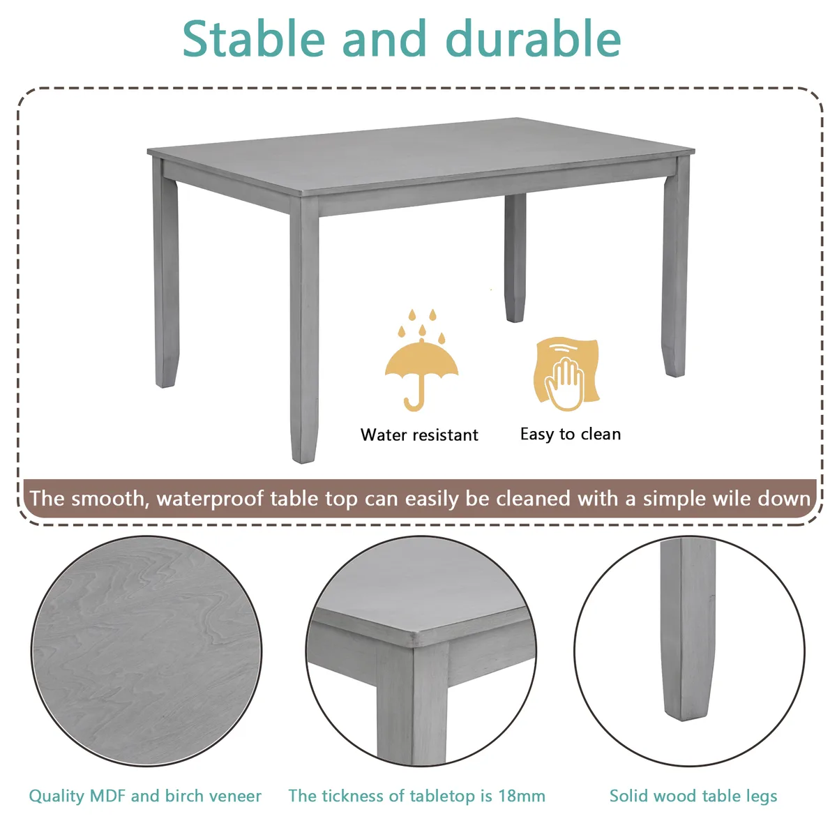 Gray Rectangular Dining Table for 4, 45.5 Inch Wood Kitchen Table — view 4