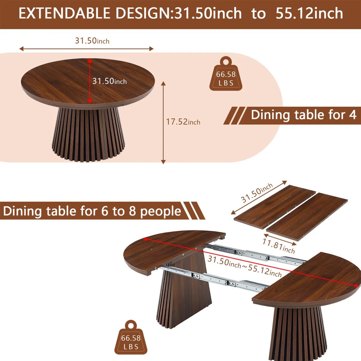 Walnut Oval Extendable Dining Table with Pedestal Base, MDF — view 2